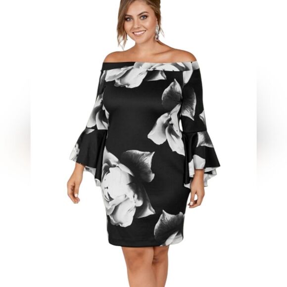 VENUS Black and White Floral Off-Shoulder Dress - Picture 1 of 13